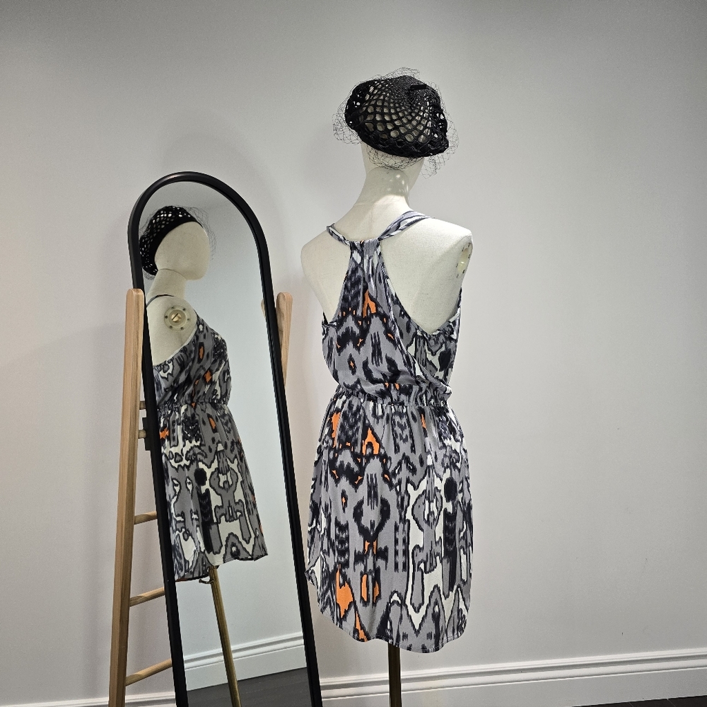 Charlie Jade Abstract Gray and Orange Dress Silk M